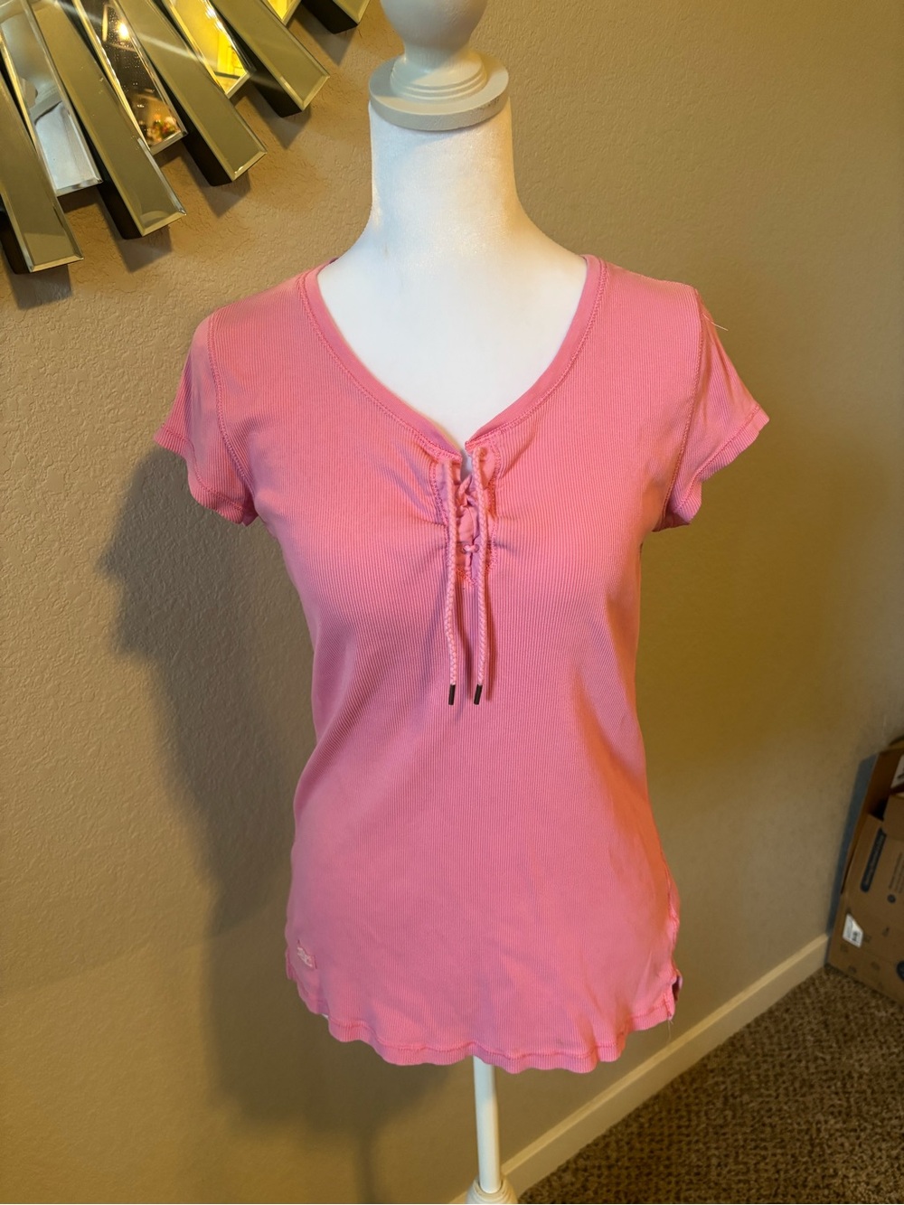 Lauren Ralph Lauren Coral-Pink Short Sleeve Lace-Up V-Neck Tee